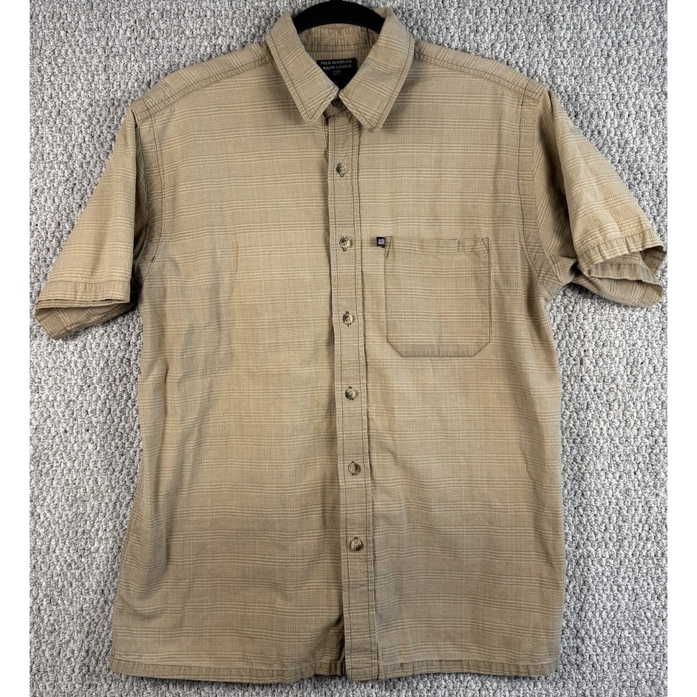 Polo Jeans Co Ralph Lauren Shirt Mens M Beige Plaid Short Sleeve Button Up